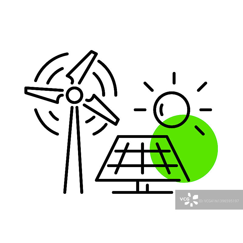 替代能源。风车和太阳能电池板。可持续发展的可再生能源。像素完美，可编辑的笔画线艺术图标图片素材
