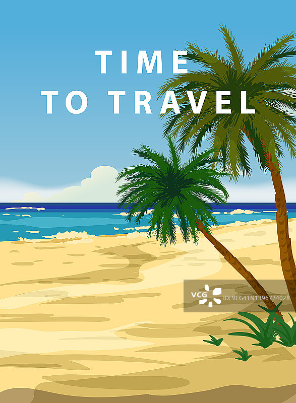 旅行的时间，热带夏季旅行海报，海洋，大海，棕榈树，天空，海滩。旅游概念模板图片素材
