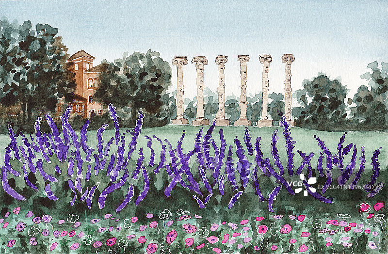 密苏里大学的柱子-原始水彩画图片素材