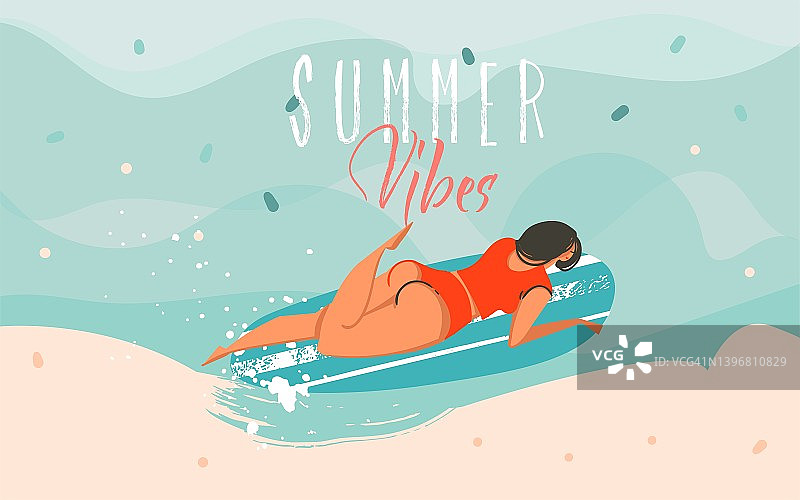 手绘矢量股票抽象图形插图与一个游泳的冲浪女孩在海浪景观和夏季氛围排版文字孤立的蓝色背景图片素材