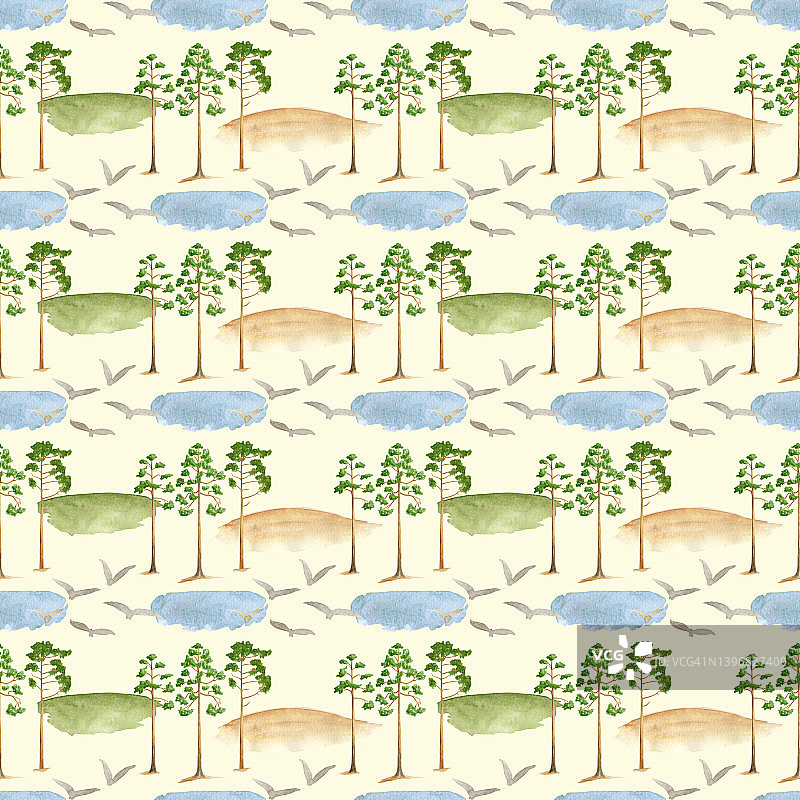 水彩山水无缝图案。手绘的松树，湖面，鸟儿孤立在白色。夏季森林背景。自然林地插图。重复设计面料，纺织品，包装。图片素材