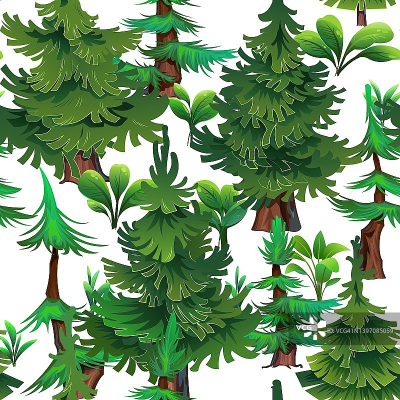 松林无缝格局。带刺的植物。松柏科的云杉树。景观卡通风格。孤立在白色背景。向量图片素材