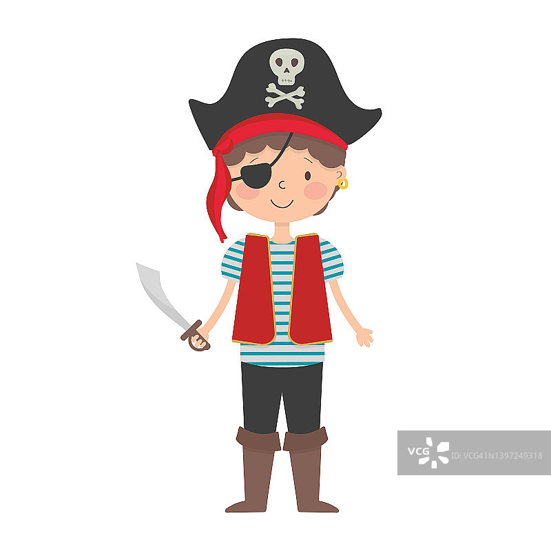 卡通微笑的年轻海盗船长，手里拿着一把剑和一个眼罩。图片素材
