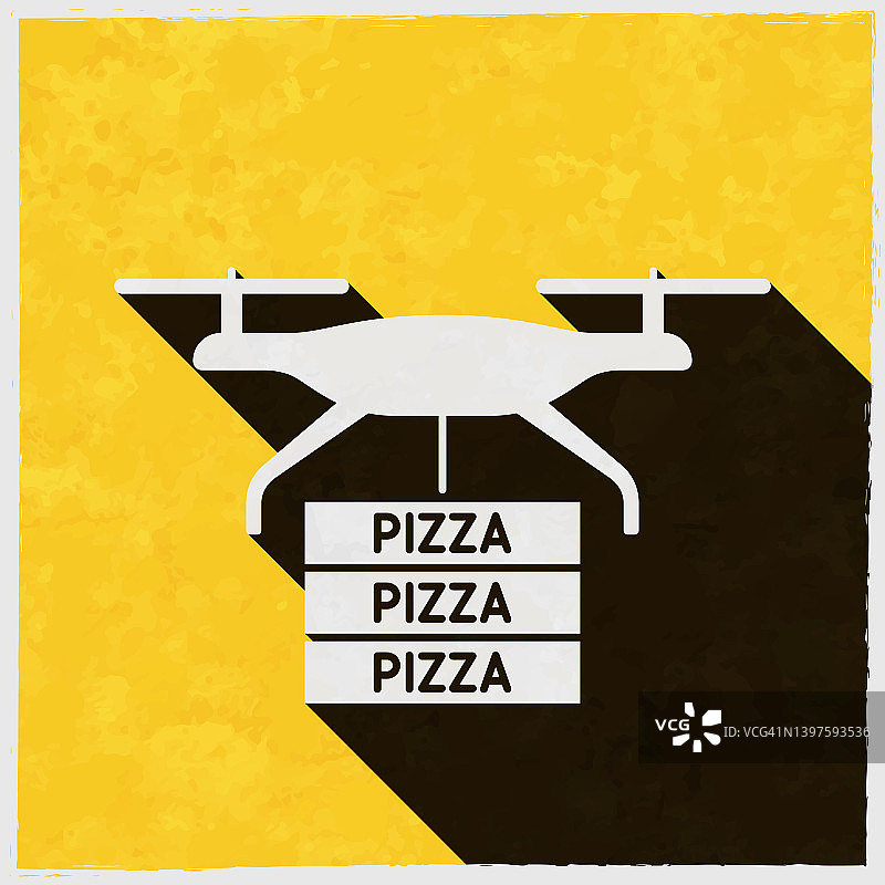披萨外卖无人机。图标与长阴影的纹理黄色背景图片素材
