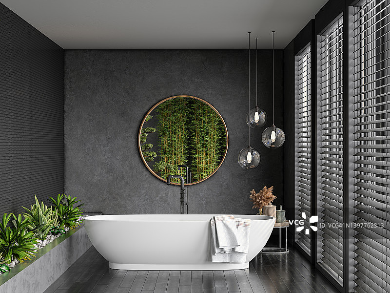 现代浴室，白色浴缸，灰色墙壁，圆形镜子和拼花地板图片素材