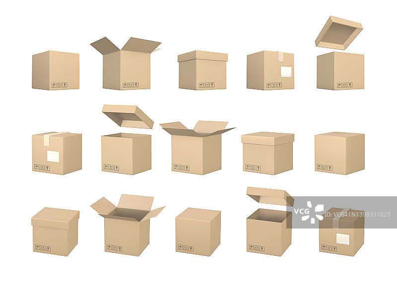 一套逼真的纸板箱。送货服务的概念。矢量图图片素材