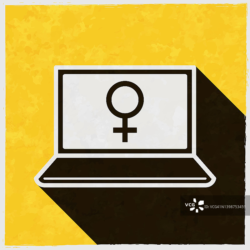 带有女性符号的笔记本电脑。图标与长阴影的纹理黄色背景图片素材