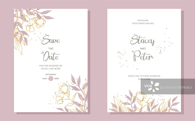 一套卡花，树叶，水彩。婚礼设计的邀请。向量装饰背景卡或邀请设计。图片素材