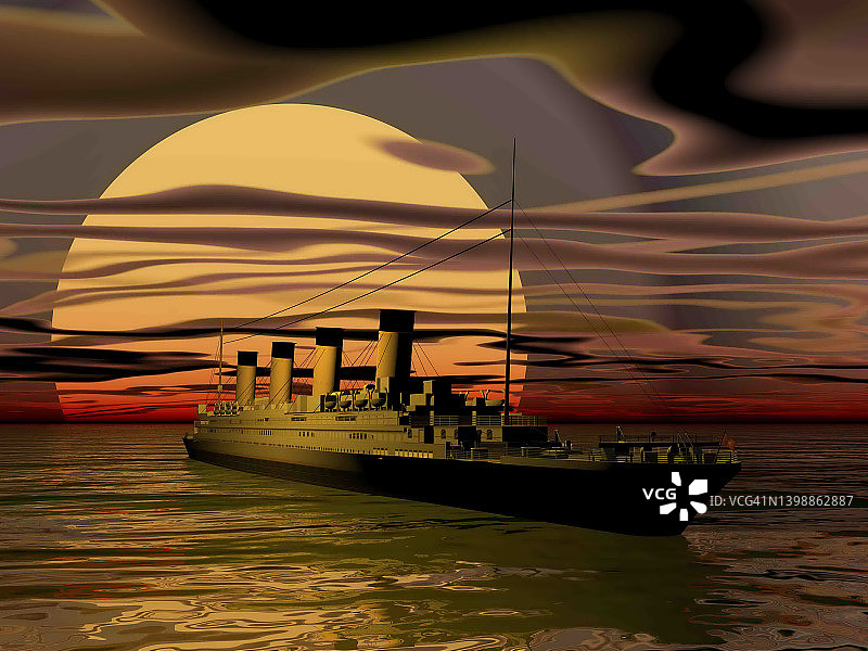 奇妙的泰坦尼克船日落- 3D渲染图片素材