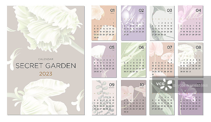 2023年日历模板上的一个植物主题。图片素材
