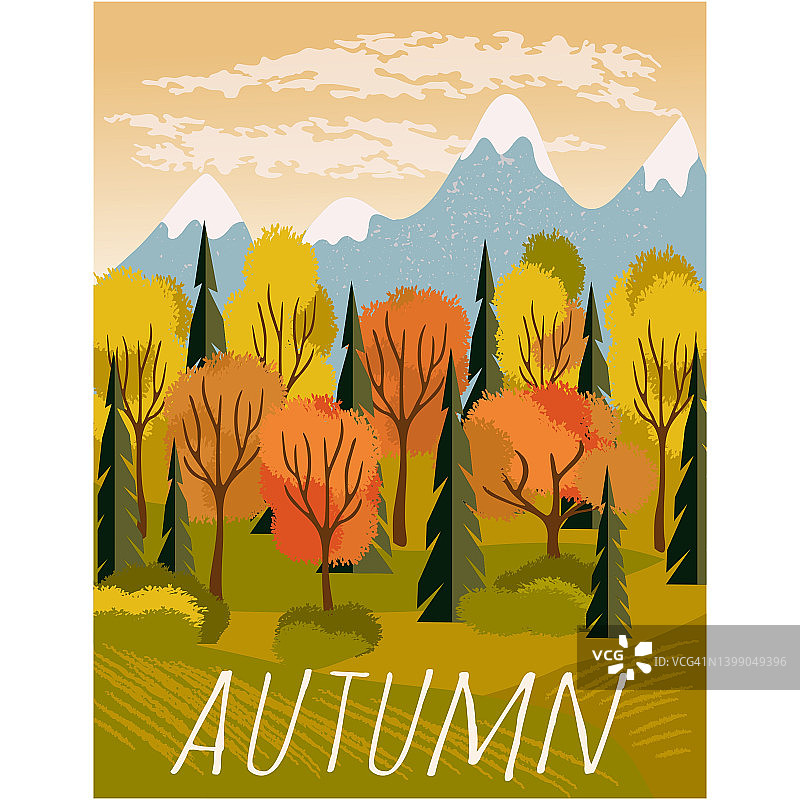 秋季景观向量。秋季自然与森林和山脉插图。赛季的背景。卡通旅游场景设计。问候明信片、海报或横幅图片素材