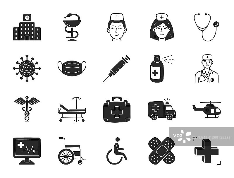 医疗医院涂鸦插图包括平面图标-医生，护士，轮椅，手杖，喷雾器，注射器，卫生碗，药房。关于保健诊所的字形剪影艺术。黑色图片素材