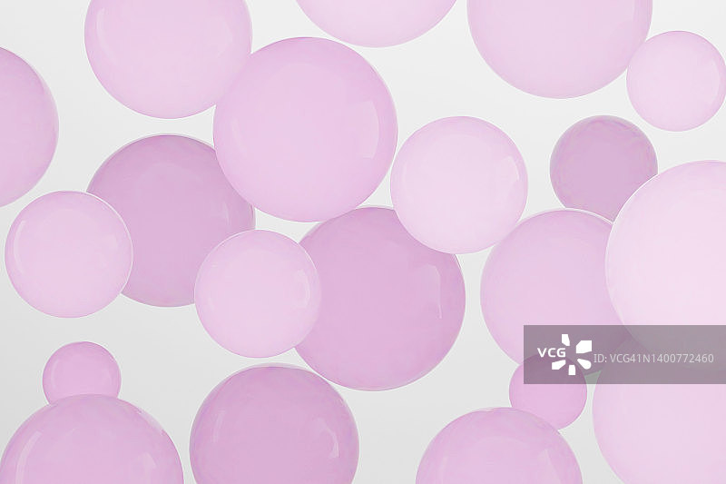 抽象美丽的背景用粉红色的球，不同大小的气泡在白色的背景上，美丽的概念。一个孩子生日的明信片，一个女人的节日。三维渲染图片素材