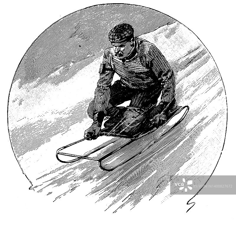 古董插图:无舵雪橇、雪橇、有舵雪橇、达沃斯雪橇比赛图片素材
