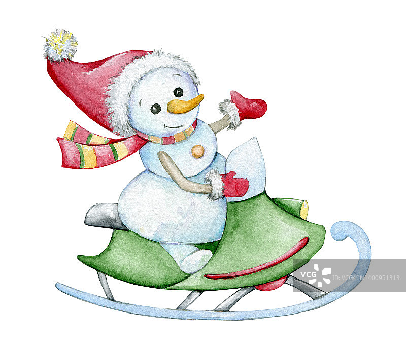 一个快乐的雪人，骑着绿色的雪地摩托。在孤立背景上的卡通风格的圣诞水彩剪贴画。图片素材