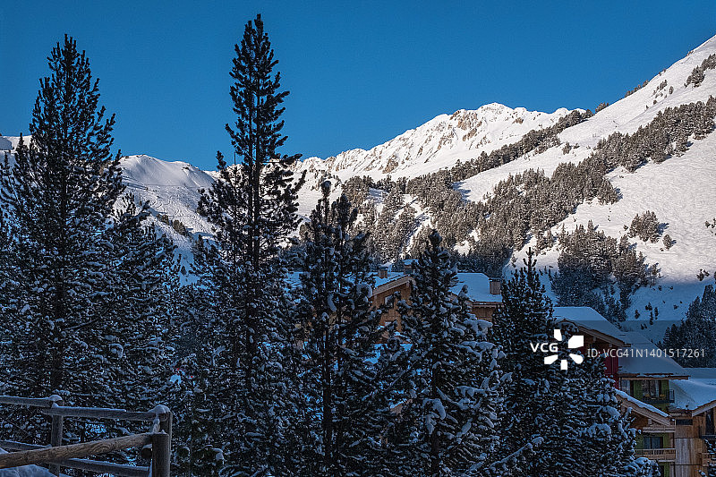 白雪覆盖的树木和山脉图片素材
