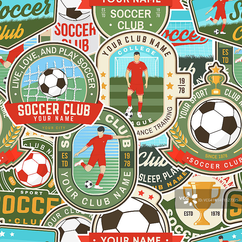 足球俱乐部无缝模式。矢量插图。壁纸，背景与足球守门员，球，球员和门的轮廓。图片素材