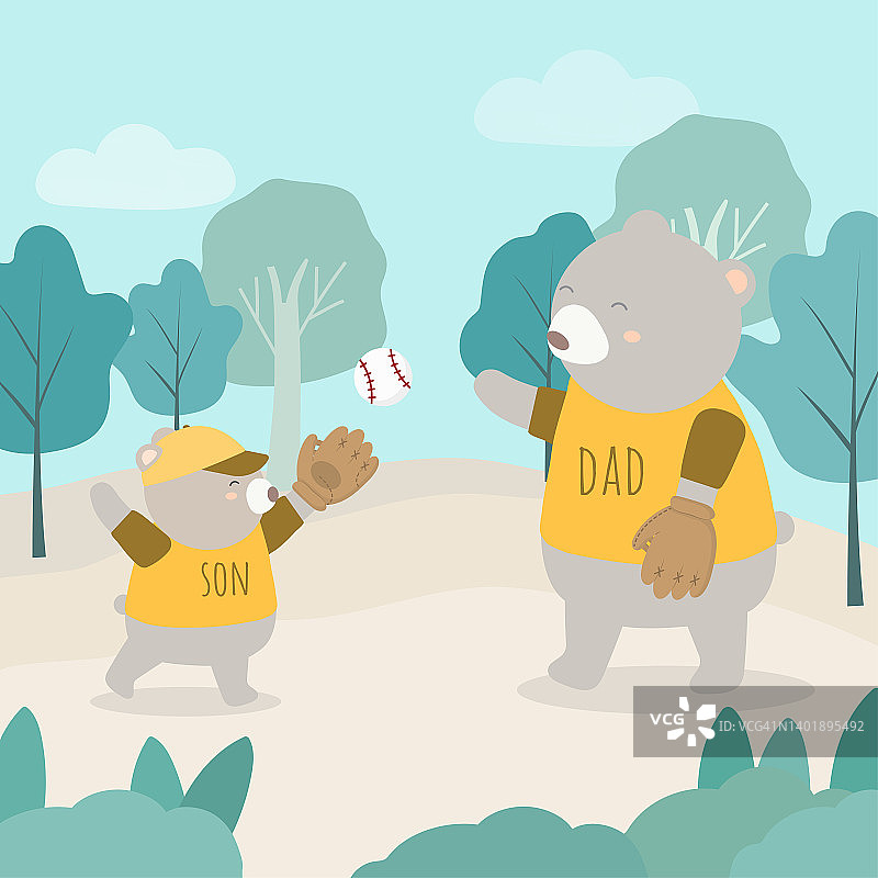 在父亲节，熊爸爸和小熊们在森林里打棒球。图片素材