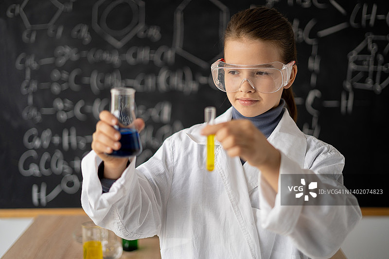 小科学家女孩戴着眼镜，穿着实验服，拿着化学烧瓶，在学校的黑板上写着科学公式，回到学校图片素材