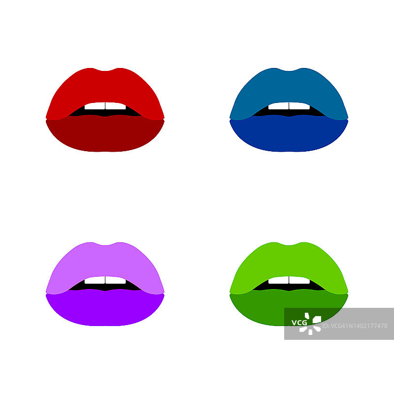 矢量图像的嘴唇在红色，蓝色和紫色和绿色的颜色。波普艺术的嘴唇。图片素材