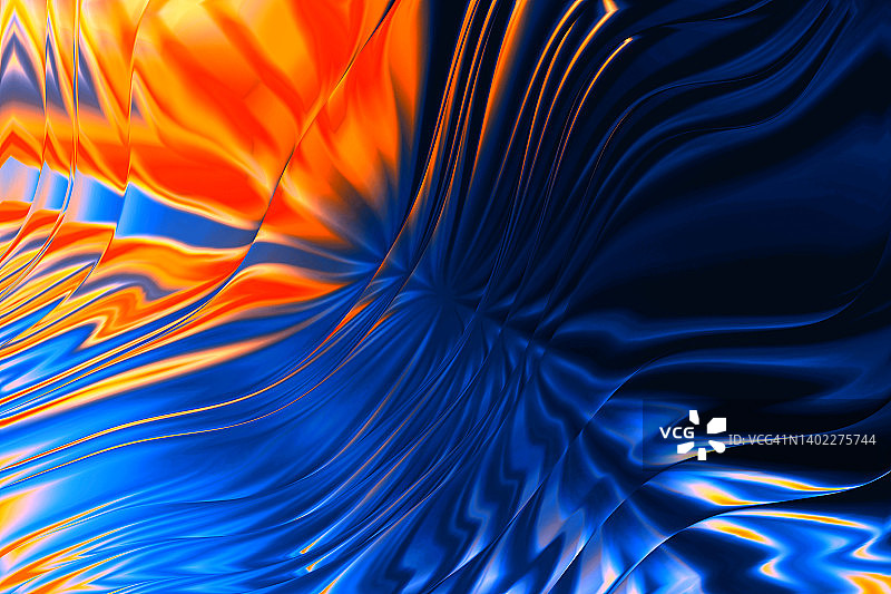 摘要条纹全息橙色蓝色梯度背景。充满活力的彩色糖果抽象变形波数字艺术图片素材