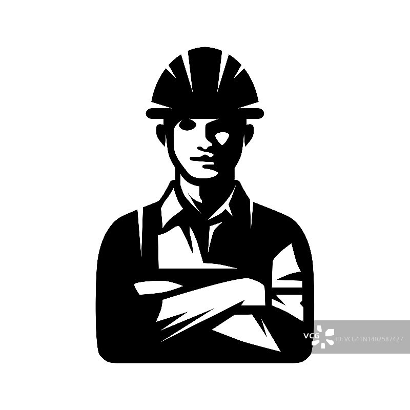 偶像是一个工人。建造者的化身。一个戴着建筑头盔的男人的黑色剪影，双臂交叉放在胸前。矢量插图孤立在白色背景的设计和网页。图片素材