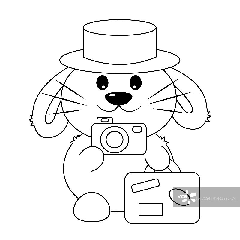 可爱的卡通兔子旅游相机和手提箱。用黑白画插图图片素材