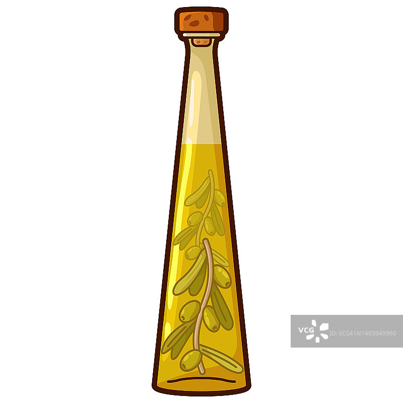橄榄油瓶子与分支内部矢量卡通插图孤立在白色背景。图片素材