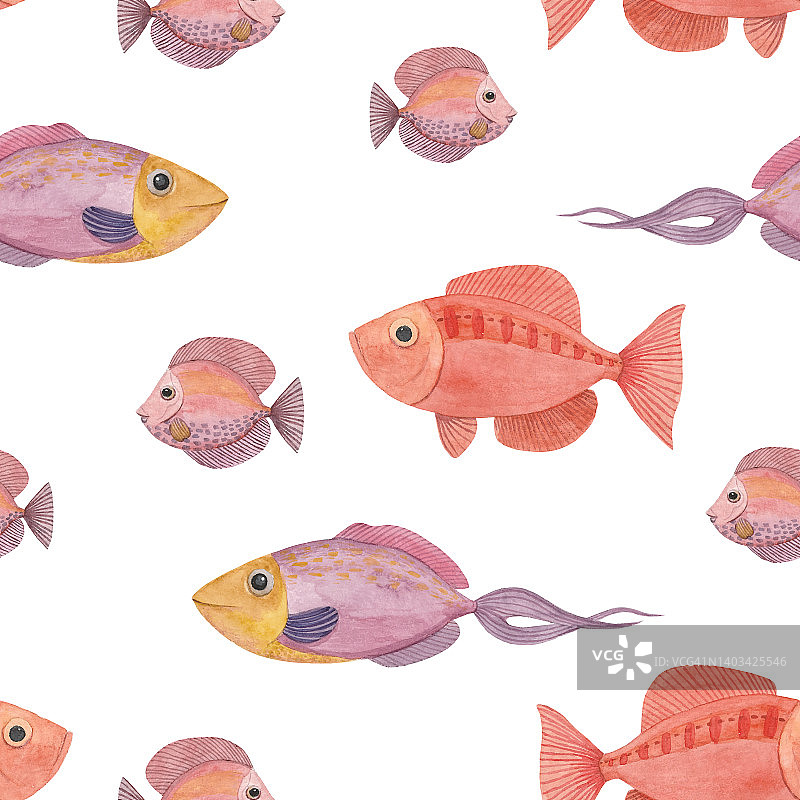 无缝水彩图案与红色的鱼图片素材