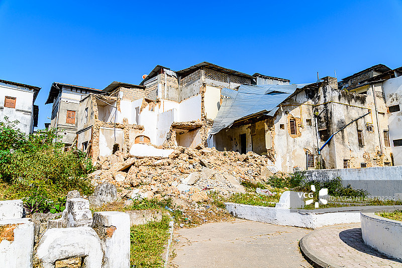 石城的居民楼被毁。房子的废墟。坦桑尼亚桑给巴尔岛,图片素材