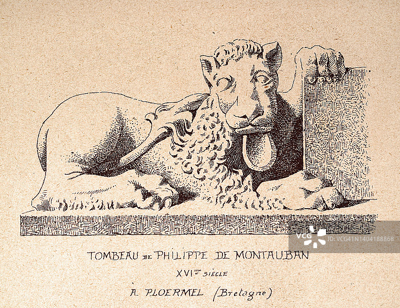 狮子雕像从菲利普德蒙托班墓，16世纪，古董艺术版画图片素材