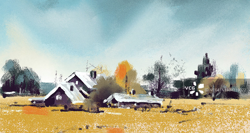 带秋景的小村庄。蜡笔画。手绘插图。图片素材