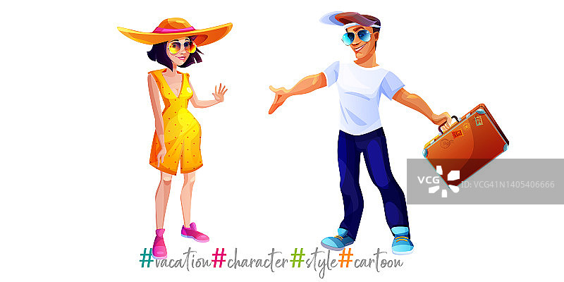 度假和旅行的概念。人物，男孩和女孩在一个中立孤立的背景卡通风格。图片素材