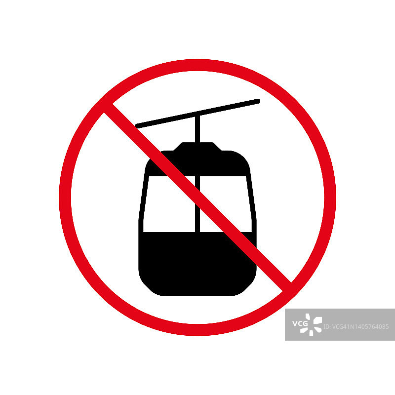 禁止缆车黑色剪影图标。贡多拉山禁忌象形文字。限制索道红停圈标志。没有冬季缆车标志。缆索禁止。孤立的矢量图图片素材