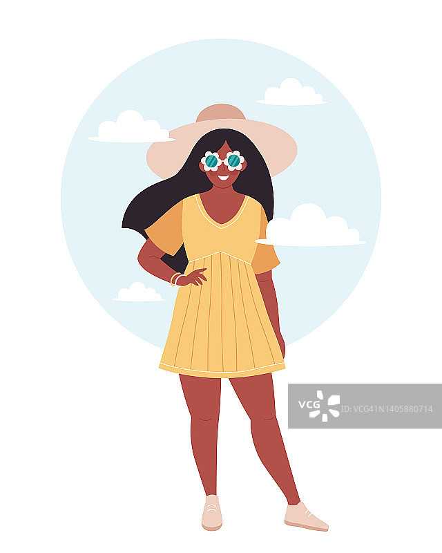 戴着帽子和复古眼镜的黑人女性。你好，夏天，夏天的时间，假期。手绘矢量插图图片素材