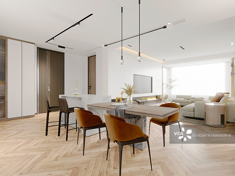 公寓内部客厅和餐厅的3d渲染图片素材