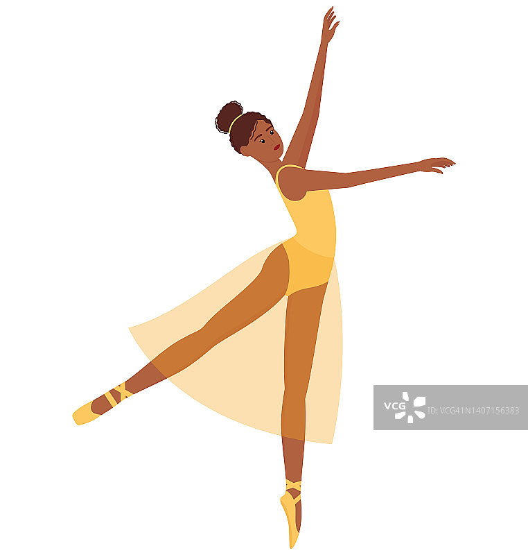 芭蕾舞演员。美丽的芭蕾舞演员与黑色肤色，矢量插图图片素材