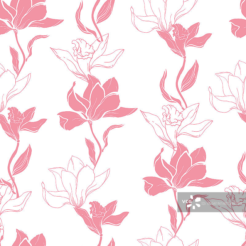 春天温柔的印花与粉红色木兰花在白色的背景，织物的衣服，床上的亚麻图片素材