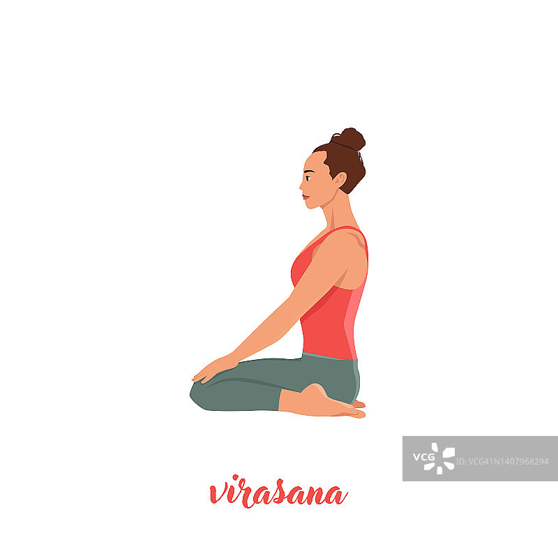 为瑜伽日庆祝活动做瑜伽的女人。英雄或Virasana。平面矢量插图孤立在白色背景上图片素材