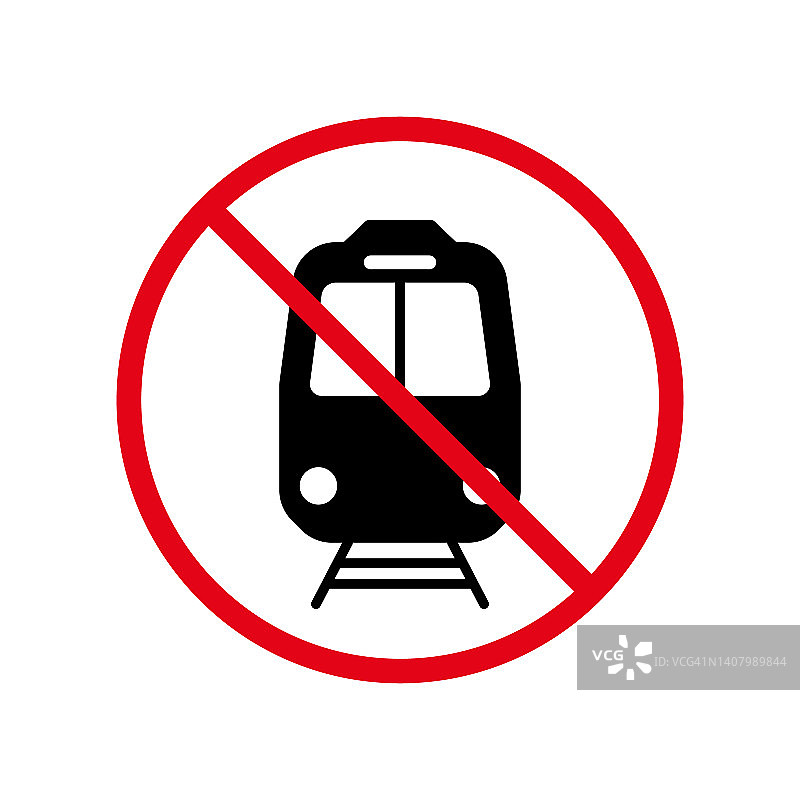 没有火车黑色剪影禁令图标。铁路运输禁止象形文字。铁路红色停圈标志。铁路车站限制标志。警报训练禁止。孤立的矢量图图片素材