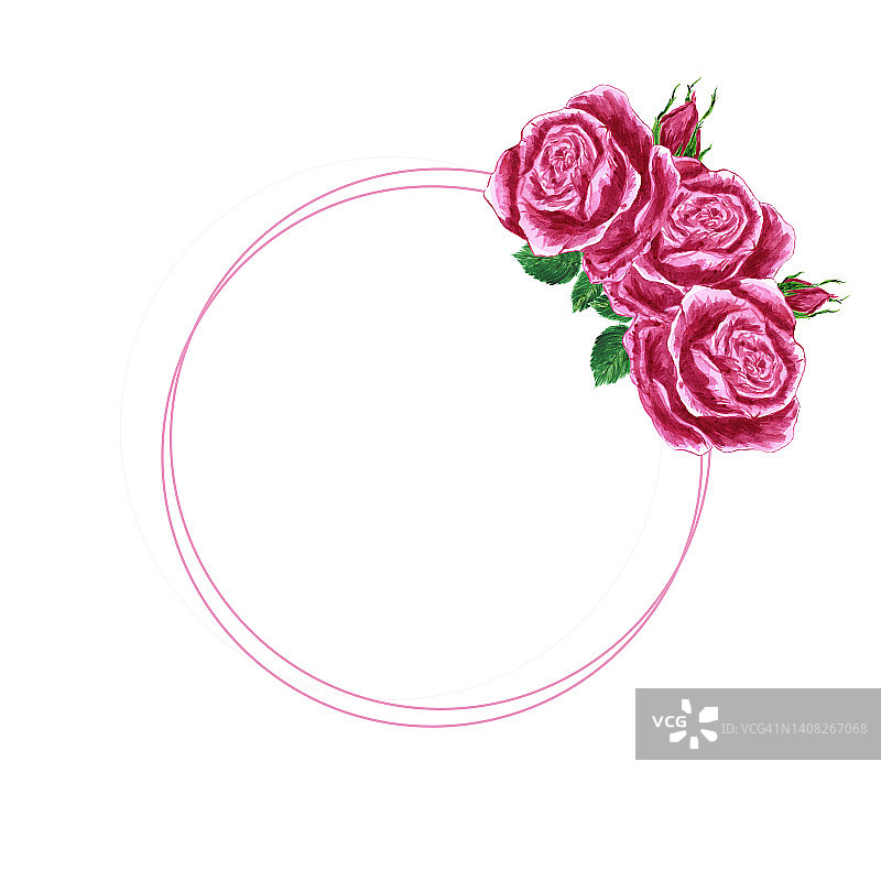 手绘水彩粉红色玫瑰花圈boarder在白色背景。剪贴簿设计元素。印刷海报，婚礼邀请，明信片，标签，横幅设计图片素材