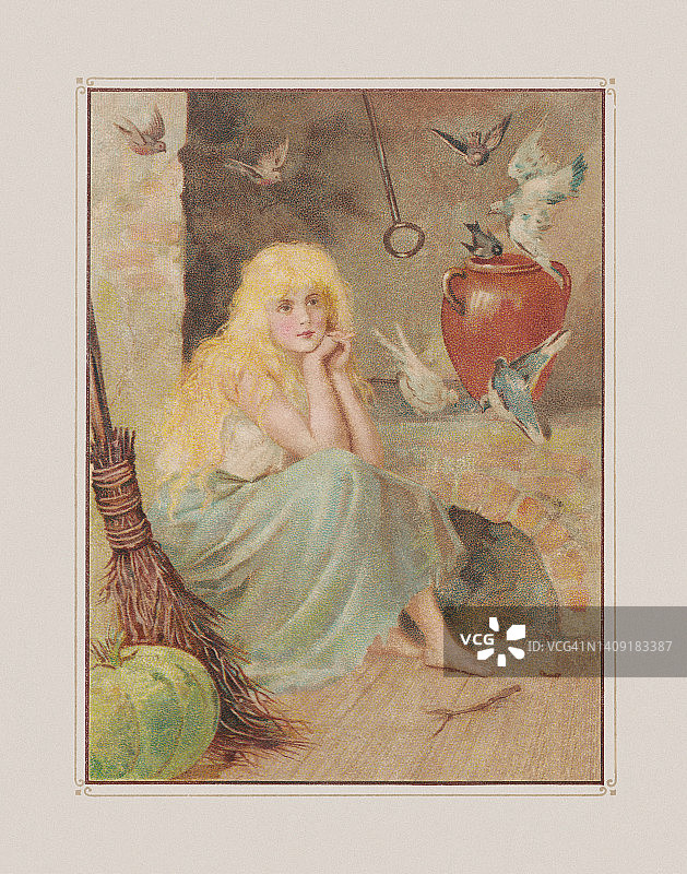 《灰姑娘》(格林童话)，石版印刷，大约1898年出版图片素材