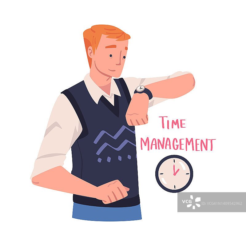 Man Character Looking at Watch计划时间和事件管理计划矢量插图图片素材