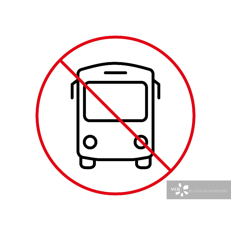 汽车站禁止黑线图标。学校穿梭禁止轮廓象形。红色停止圆圈符号。警告禁止城市公共交通标志。禁止乘坐旅游巴士。孤立的矢量图图片素材