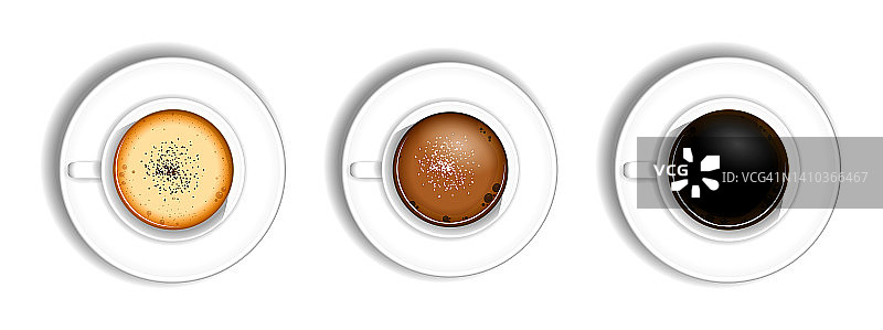 一套现实的咖啡杯与牛奶隔离或咖啡杯在咖啡店与卡布奇诺，美式咖啡，浓缩摩卡拿铁。每股收益向量图片素材