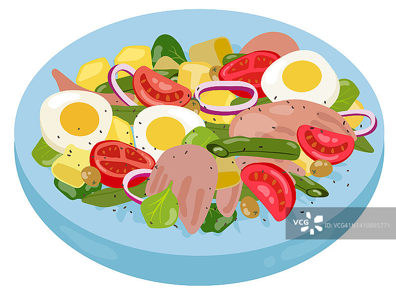 蓝色盘子里有金枪鱼的尼斯沙拉。法国菜。手绘矢量插图。适用于网站，贴纸，明信片，菜单。图片素材