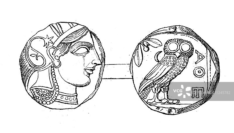 古董插图:希腊艺术，雅典娜硬币图片素材