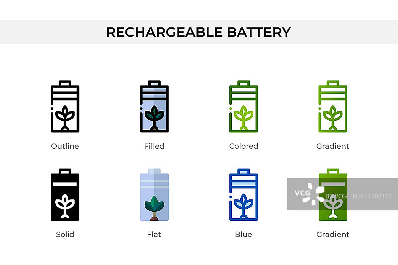 不同风格的可充电电池图标。可充电电池矢量图标设计在轮廓，固体，彩色，填充，梯度，和平面风格。象征,标志说明。矢量图图片素材