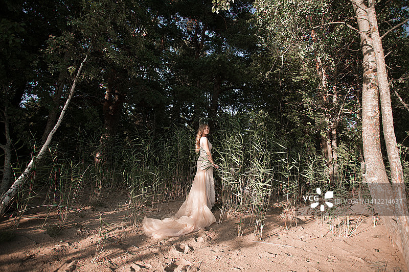 年轻美丽的女士在时尚服装在仙女森林背景图片素材