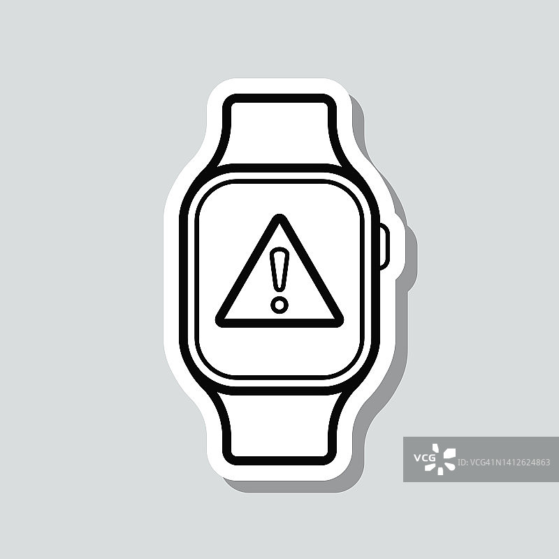 带有危险警告注意的智能手表。图标贴纸在灰色背景图片素材